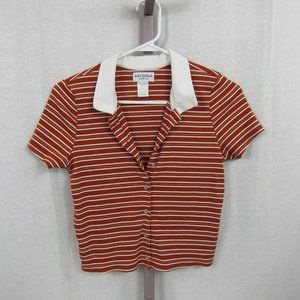 Arizona Jean Co Burnt Orange and White Striped Collared Crop Top Tee Shirt